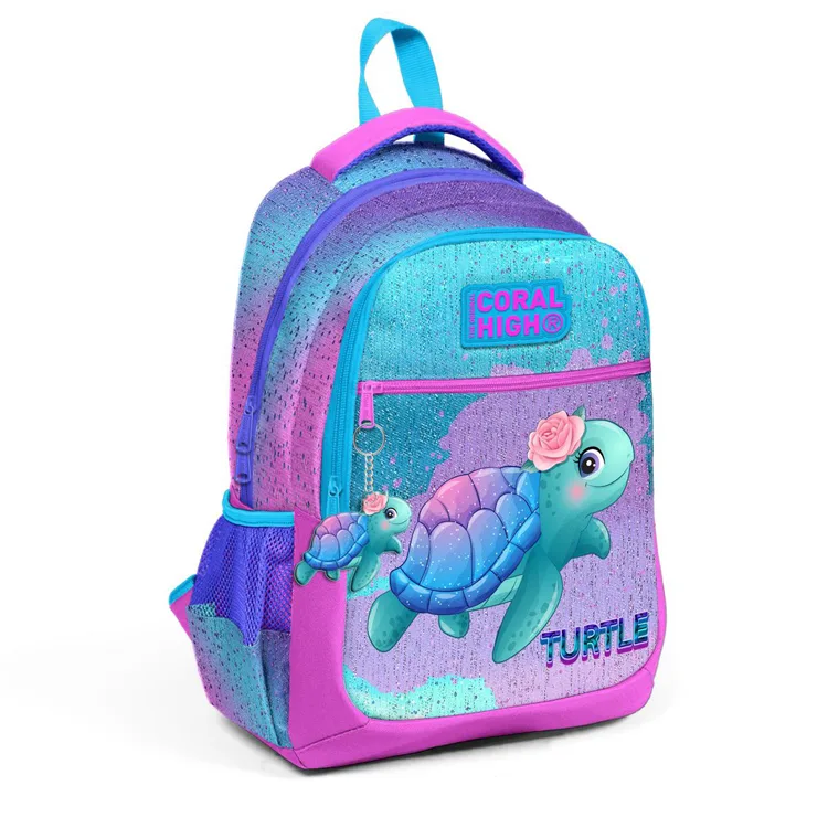 CORAL HIGH 23497 AÇIK PEMBE MAVİ KAPLUMBAĞA DESENLİ ÜÇ BÖLMELİ SIRT ÇANTASI