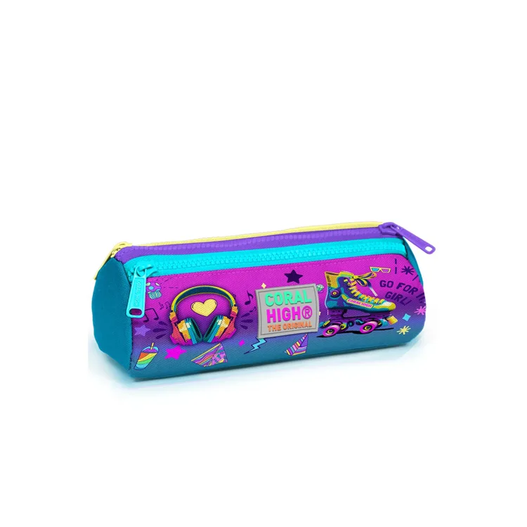 CORAL HIGH 22054 KIDS PEMBE TURKUAZ KULAKLIK PATEN DESENLİ ÜÇ BÖLMELİ KALEM ÇANTASI
