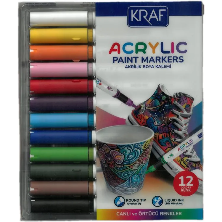 KRAF 666 AKRİLİK MARKER YUVARLAK UÇ BOYA KALEMİ SETİ 12'Lİ