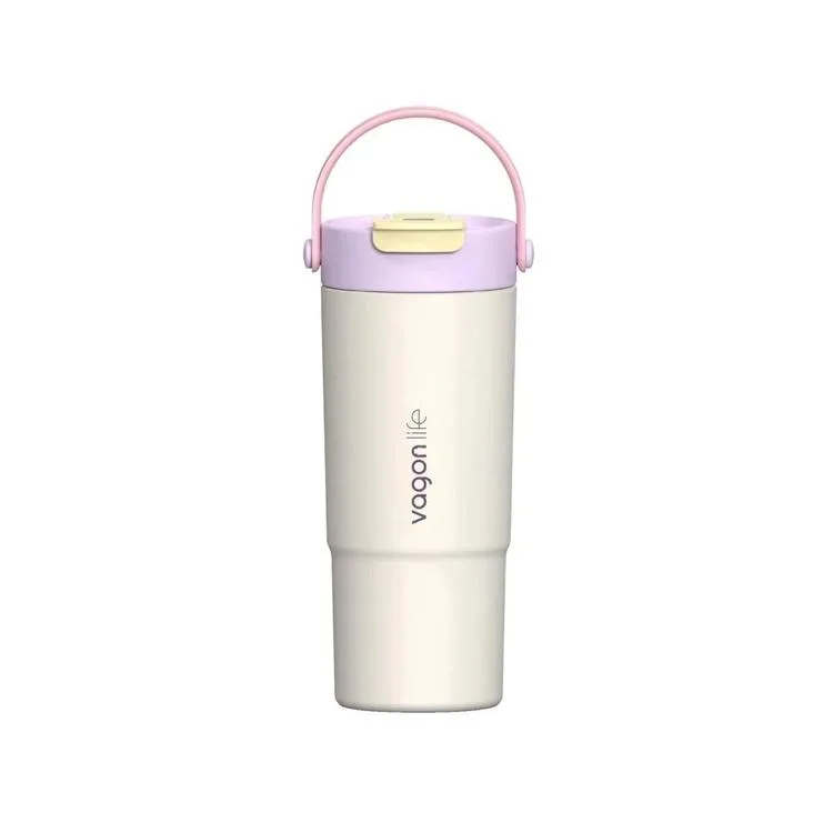 VAGONLİFE ÇELİK PİPETLİ/PİPETSİZ KULLANIM SİLİKON EL ASKILI MATARA/TERMOS VGN1102 660ML - KREM
