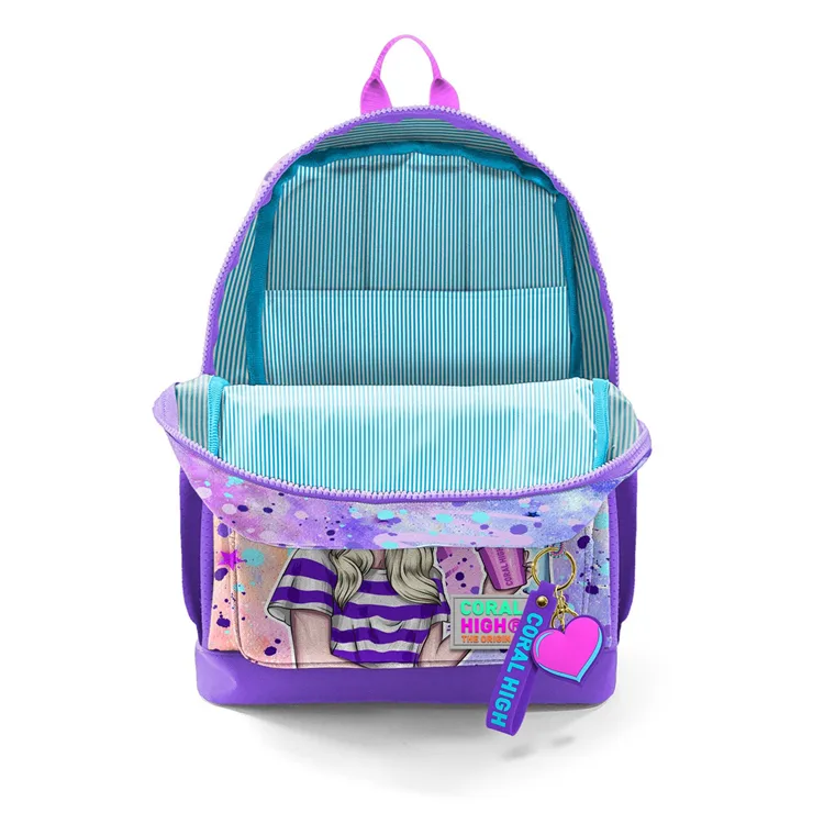 CORAL HIGH 23755 KIDS PEMBE MOR FASHION GIRL DESENLİ DÖRT BÖLMELİ SIRT ÇANTASI
