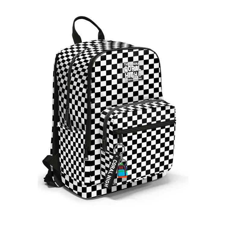 CORAL HIGH 23677 KIDS SİYAH BEYAZ DAMA DESENLİ DÖRT BÖLMELİ SIRT ÇANTASI