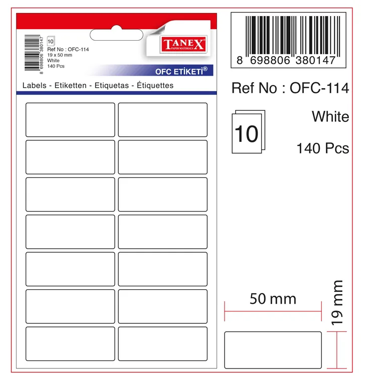 TANEX OFC-114 19x50 BEYAZ OFİS ETİKETİ 10'LU