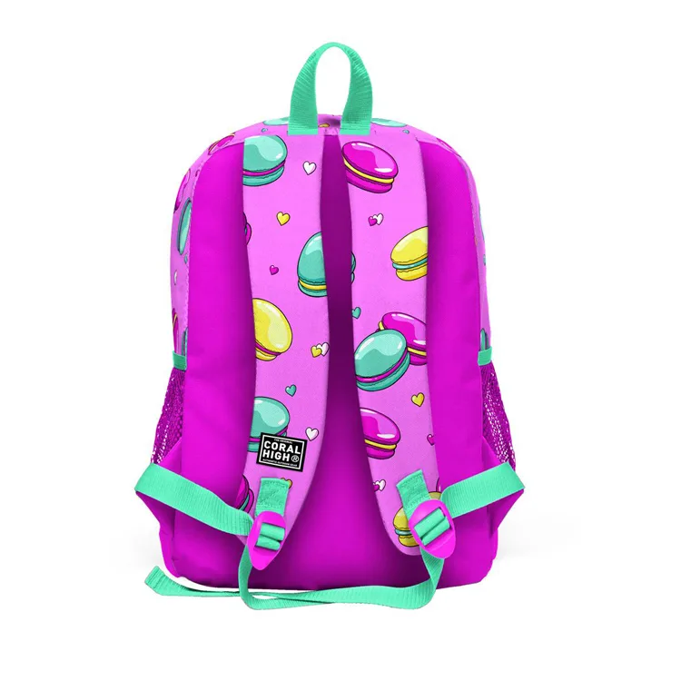 CORAL HIGH 23462 AÇIK PEMBE SU YEŞİLİ MAKARON DESENLİ DÖRT BÖLMELİ OKUL SIRT ÇANTASI