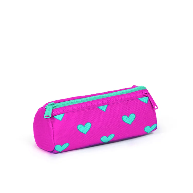 CORAL HIGH 22317 ÜÇ BÖLMELİ NEON PEMBE SU YEŞİLİ KALP DESENLİ KALEM ÇANTASI PEMBE