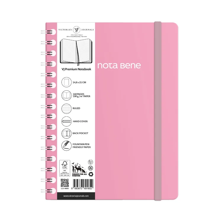 VICTORIA'S JOURNALS NOTE BENE 9265 PREMIUM NOTEBOOK SPİRALLİ SERT KAPAK A5 100gr.160 SYF. ÇİZGİLİ DEFTER PEMBE