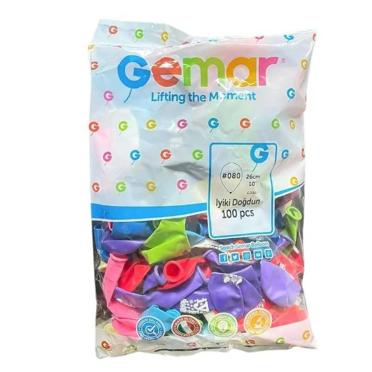 GEMAR BALON 10" 26cm İYİ Kİ DOĞDUN YAZILI KARIŞIK RENK BALON 100'lü 8+