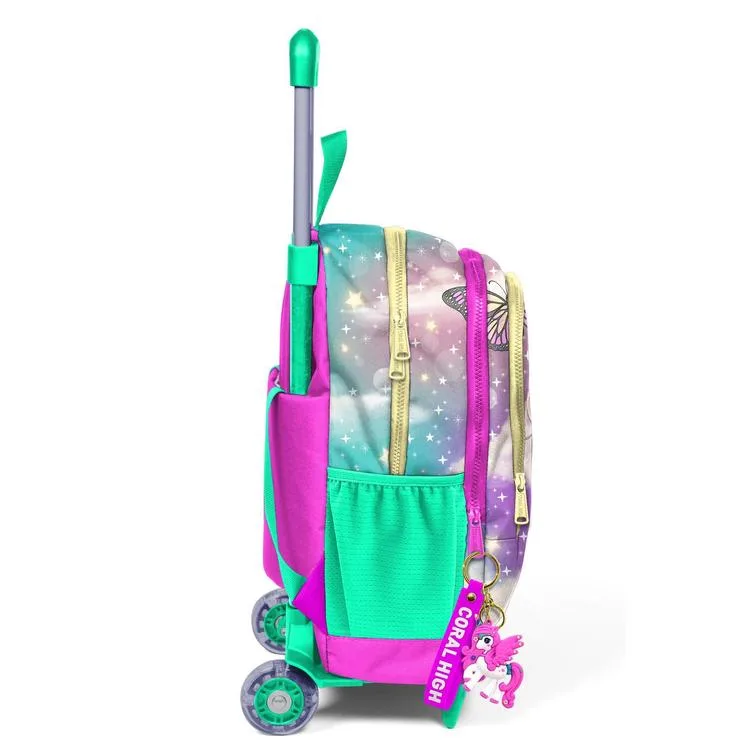 CORAL HIGH 23933 KIDS PEMBE SU YEŞİLİ UNICORNLU KIZ DESENLİ ÜÇ BÖLMELİ ÇEKÇEKLİ OKUL SIRT ÇANTASI