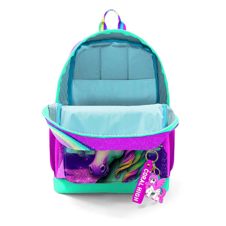 CORAL HIGH 23758 KIDS PEMBE SU YEŞİLİ UNICORN DESENLİ DÖRT BÖLMELİ SIRT ÇANTASI