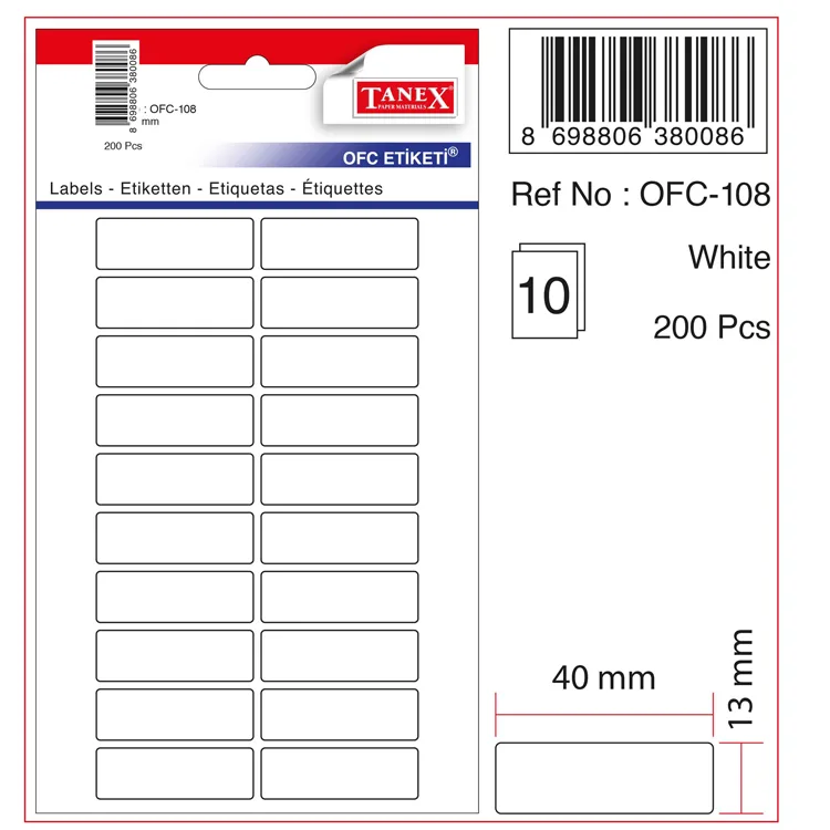 TANEX OFC-108 13x40 BEYAZ OFİS ETİKETİ (200)