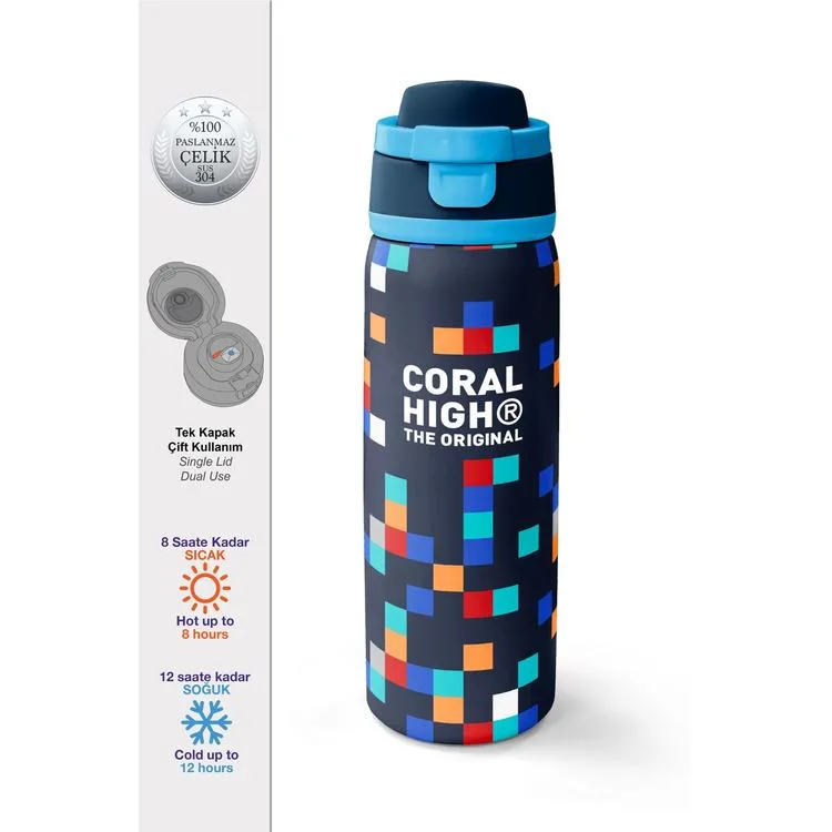 CORAL HIGH 38513 KIDS HIGH LACİVERT GEOMETRİK DESENLİ PİPETLİ VE DİREKT İÇİM ÇELİK TERMOS 800ML