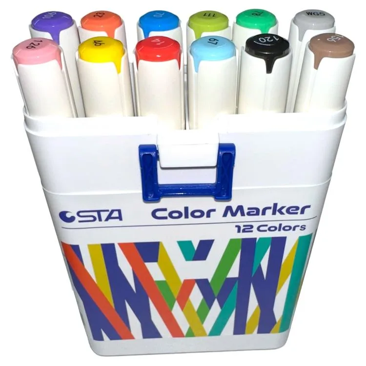 STA 910312 ÇİFT UÇLU ALKOL BAZLI MARKER 1mm/1-7mm UÇ KALEM SETİ 12'Lİ (RENK) TAŞIMA SAPLI PLASTİK KUTULU
