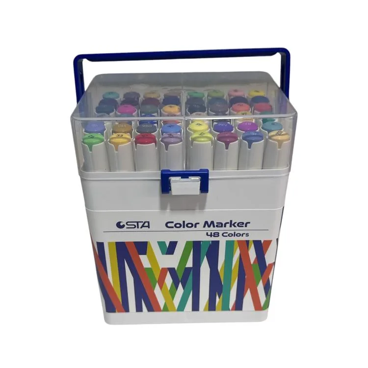 STA 910348 ÇİFT UÇLU ALKOL BAZLI MARKER 1mm/1-7mm UÇ KALEM SETİ 48'Lİ (RENK) TAŞIMA SAPLI PLASTİK KUTULU
