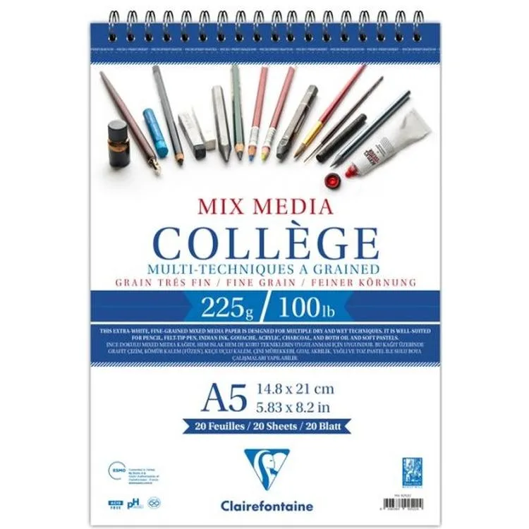ESMO MX92522 CLAIREFONTAINE MIX MEDIA COLLAGE ÇOK AMAÇLI SPİRALLİ RESİM DEFTERİ/BLOK A5 225GR 20YP.