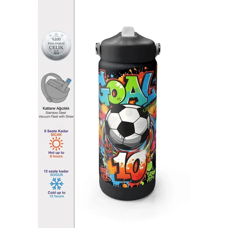 CORAL HIGH 38335 KIDS HIGH SİYAH GOAL DESENLİ PİPETLİ ÇELİK TERMOS 650ML
