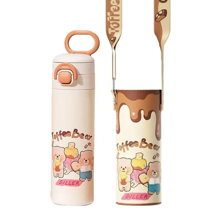 VAGONLİFE DILLER TOFFEE BEAR DESENLİ ÇELİK TERMOS/MATARA ÇİFT KAPAKLI PİPETLİ/PİPETSİZ KULLANIM D9260 600ML - BROWN