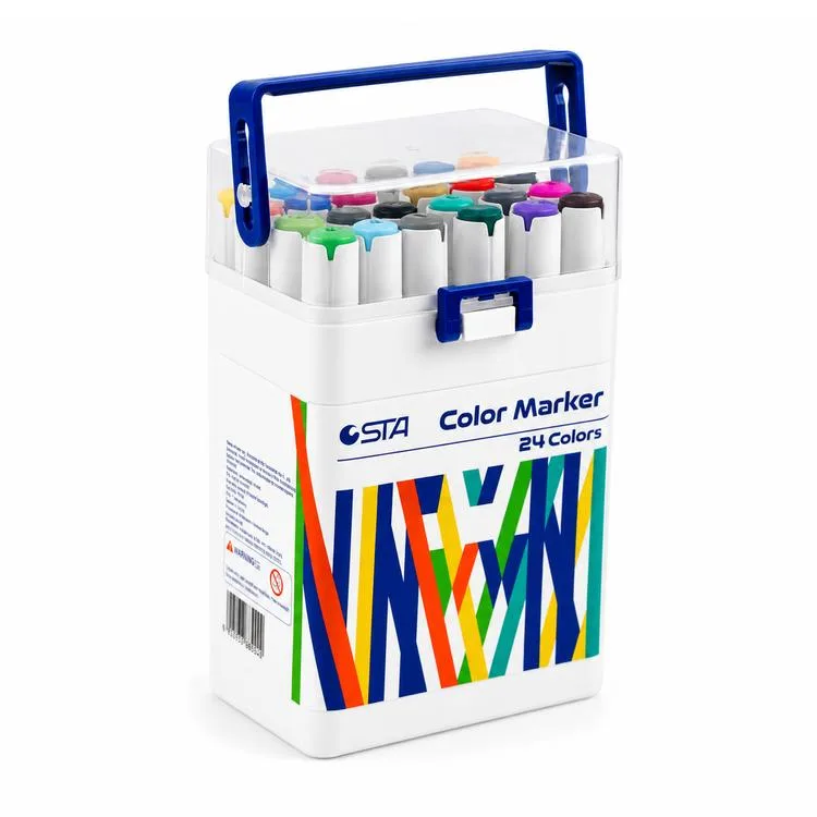STA 910324 ÇİFT UÇLU ALKOL BAZLI MARKER 1mm/1-7mm UÇ KALEM SETİ 24'LÜ (RENK) TAŞIMA SAPLI PLASTİK KUTULU