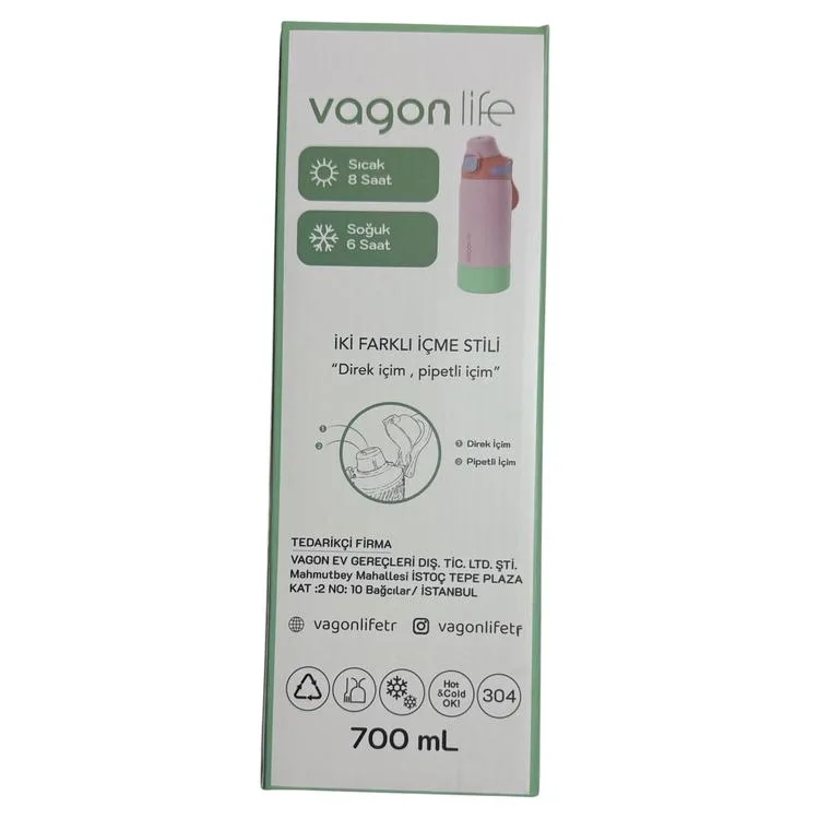 VAGONLİFE ÇELİK TEK KAPAK PİPETLİ/ PİPETSİZ KULLANIM KULPLU MATARA/TERMOS VGN1102 700ML - PEMBE