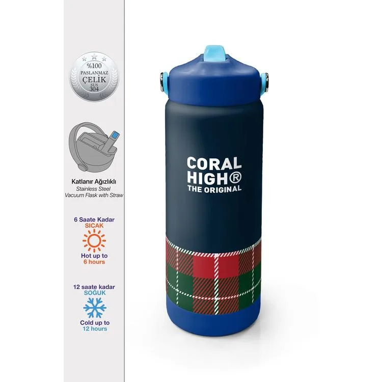 CORAL HIGH 38307 KIDS LACİVERT EKOSE FİYONK DESENLİ KATLANIR AĞIZLI PİPETLİ ÇELİK TERMOS 650ML