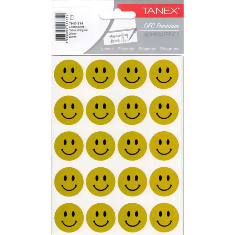 TANEX TNX-314 25mm. SARI HOLOGRAM GÜLEN YÜZ STICKER 2'Lİ