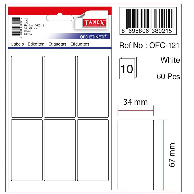 TANEX OFC-121 34x67mm BEYAZ OFİS ETİKETİ 10'LU