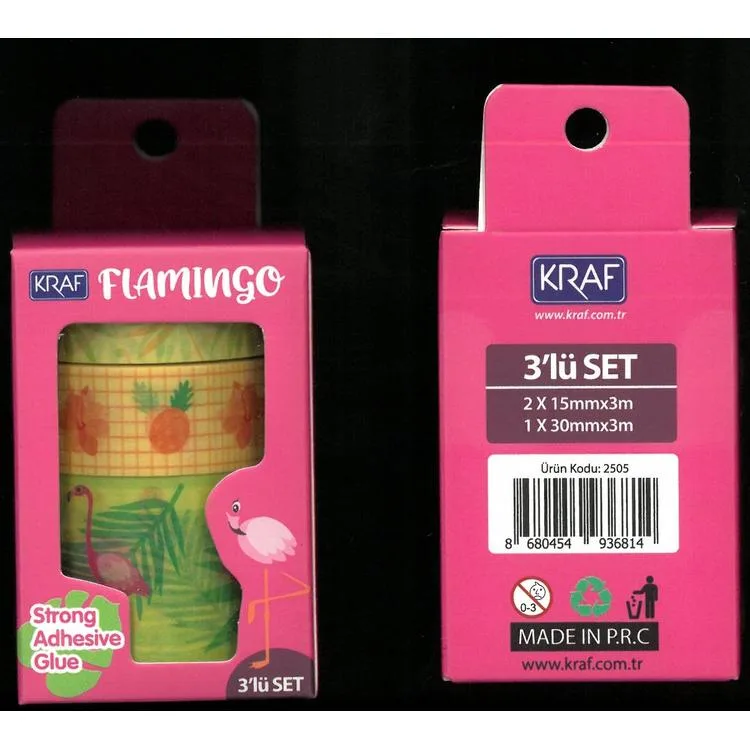 KRAF 2505FL WASHI TAPE FLAMINGO 3 LÜ TEK SET KUTULU DESENLİ BANT (15mmx3m 2Ad + 30mmx3m 1 Ad)
