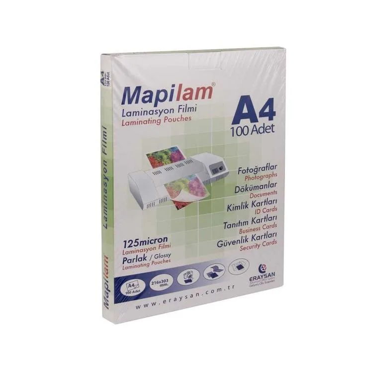 MAPİ LAMİNASYON 125 MİC.A4 PARLAK 100'LÜ TEK PAKET - 102 12 04