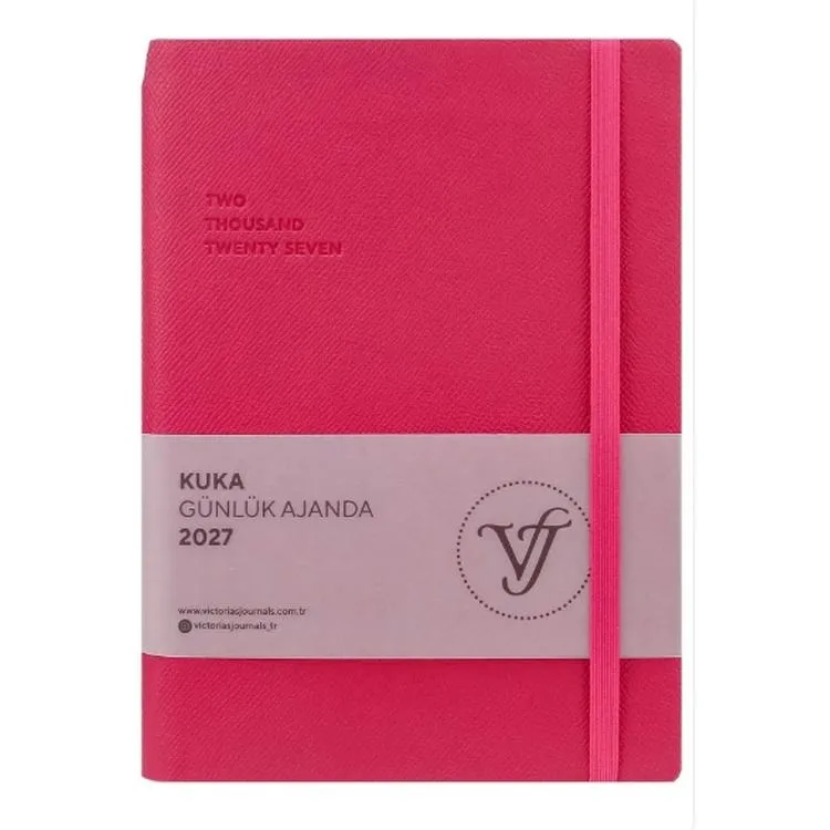 VICTORIA'S JOURNALS 226-2407 14x20,5 cm KUKA 416 SAYFA RENKLİ KENAR LASTİKLİ CEPLİ ESNEK KAPAK GÜNLÜK AJANDA - MACENTA