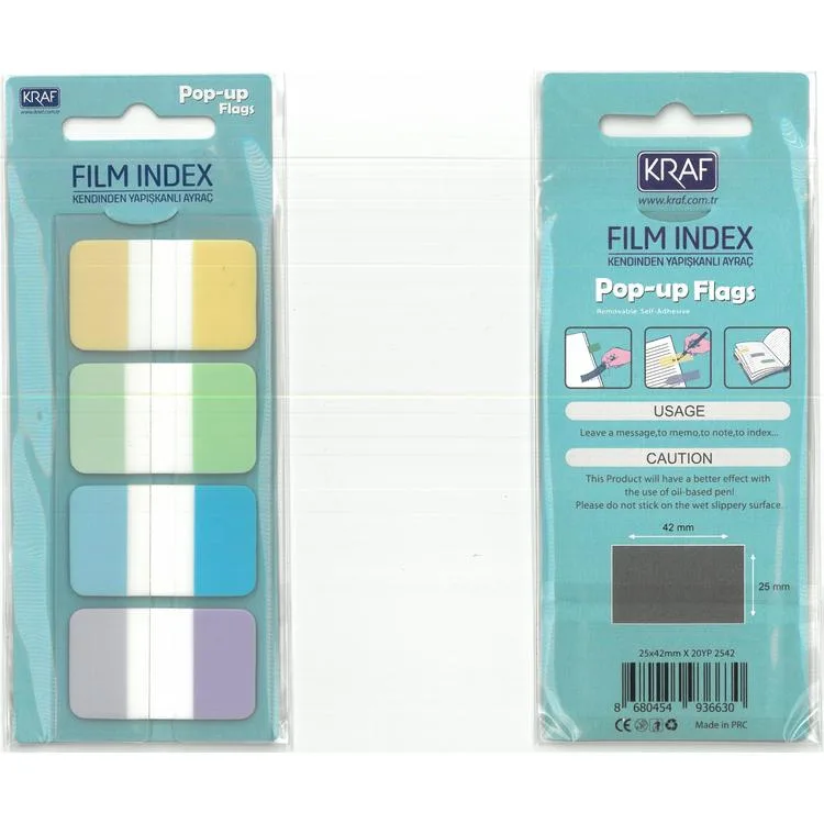 KRAF 2542 FILM (PP) INDEX KENDİNDEN YAPIŞKANLI AYRAÇ/NOTLUK 25x42mm. 20 YP. 4 RENK