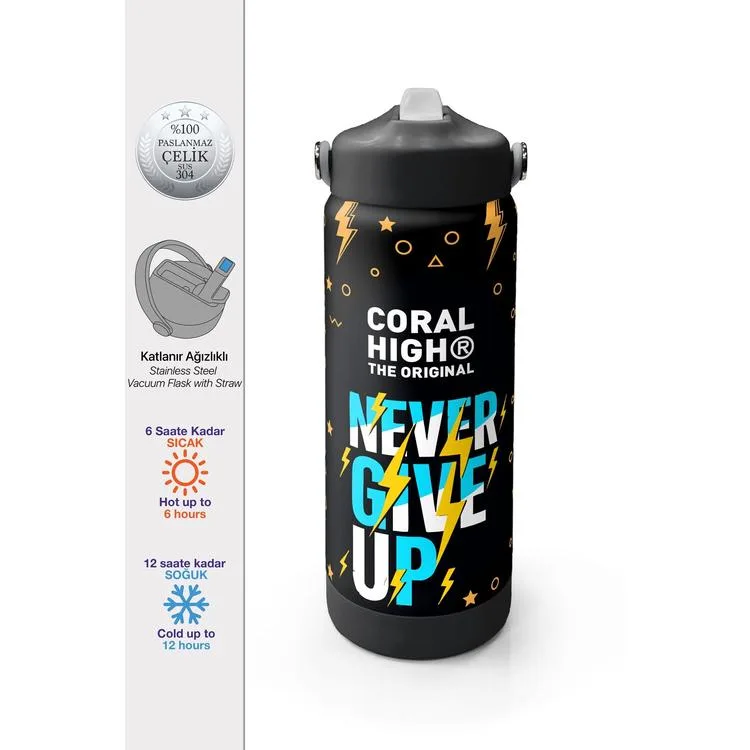 CORAL HIGH 38320 KIDS SİYAH NEVER GIVE UP DESENLİ KATLANIR AĞIZLI PİPETLİ ÇELİK TERMOS 650ML