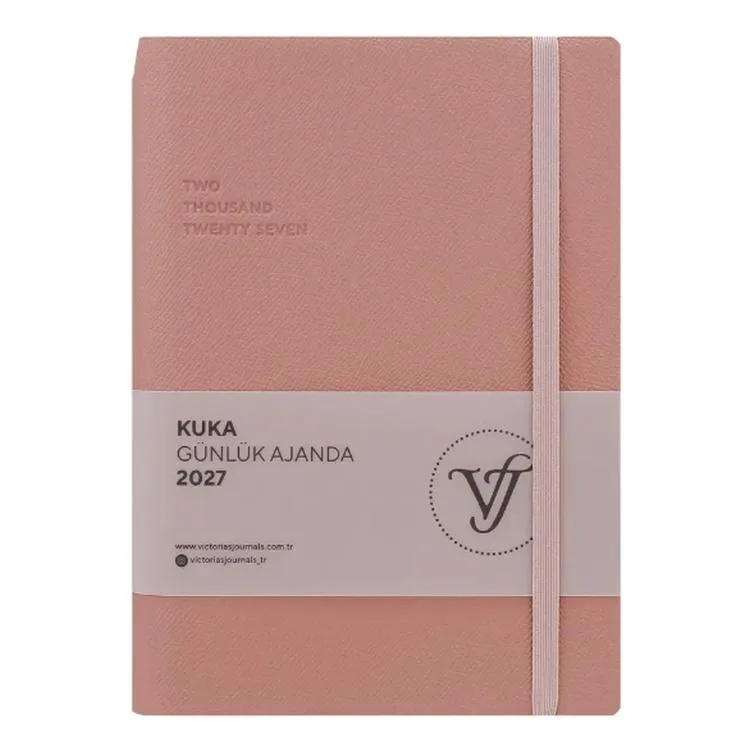 VICTORIA'S JOURNALS 226-2404 14x20,5 cm KUKA 416 SAYFA RENKLİ KENAR LASTİKLİ CEPLİ ESNEK KAPAK GÜNLÜK AJANDA - KİRLİ PEMBE