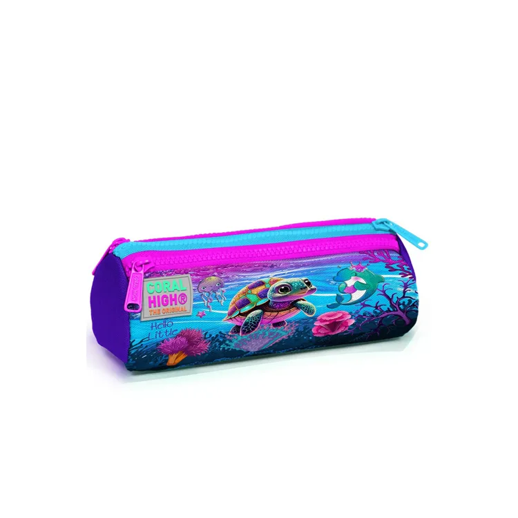 CORAL HIGH 22056 KIDS PEMBE MOR KAPLUMBAĞA DESENLİ ÜÇ BÖLMELİ KALEM ÇANTASI