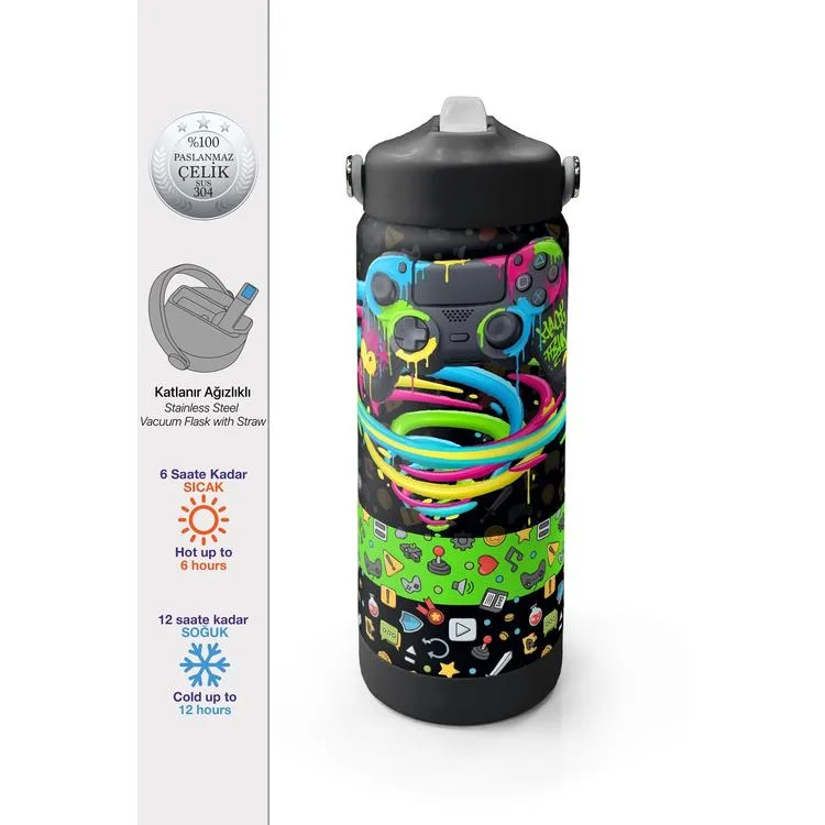 CORAL HIGH 38340 KIDS SİYAH GAMER DESENLİ KATLANIR AĞIZLI PİPETLİ ÇELİK TERMOS 650ML