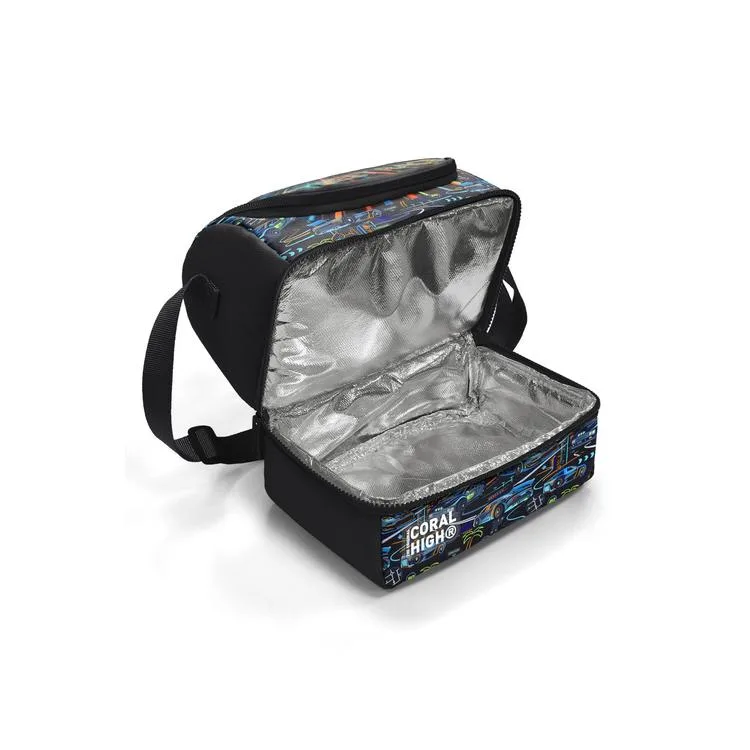CORAL HIGH 37210 KIDS SİYAH ÇOK RENKLİ YARIŞ ARABASI DESENLİ THERMO İKİ KATLI BESLENME ÇANTASI