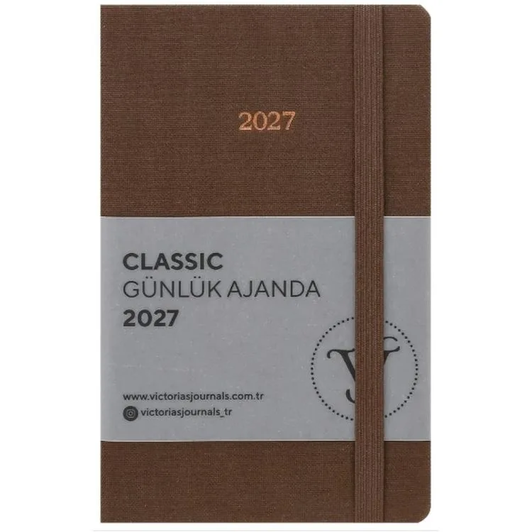 VICTORIA'S JOURNALS 226-2429 9x14 cm CLASSIC SERT KAPAK CEPLİ LASTİKLİ GÜNLÜK AJANDA - KAHVERENGİ