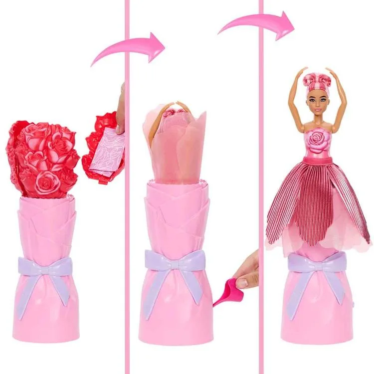 MATTEL JMF56/JMF59 BARBIE PETAL POP SÜRPRİZ ÇİÇEK SERİSİ KIRMIZI GÜL ELBİSELİ BEBEK 14 CM 3+