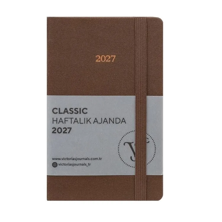VICTORIA'S JOURNALS 226-2359 9x14 cm CLASSIC SERT KAPAK CEPLİ LASTİKLİ HAFTALIK AJANDA - KAHVERENGİ