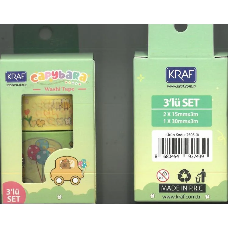 KRAF 2505-CB WASHI TAPE CAPYBARA 3 LÜ TEK SET KUTULU DESENLİ BANT (15mmx3m 2Ad + 30mmx3m 1 Ad)