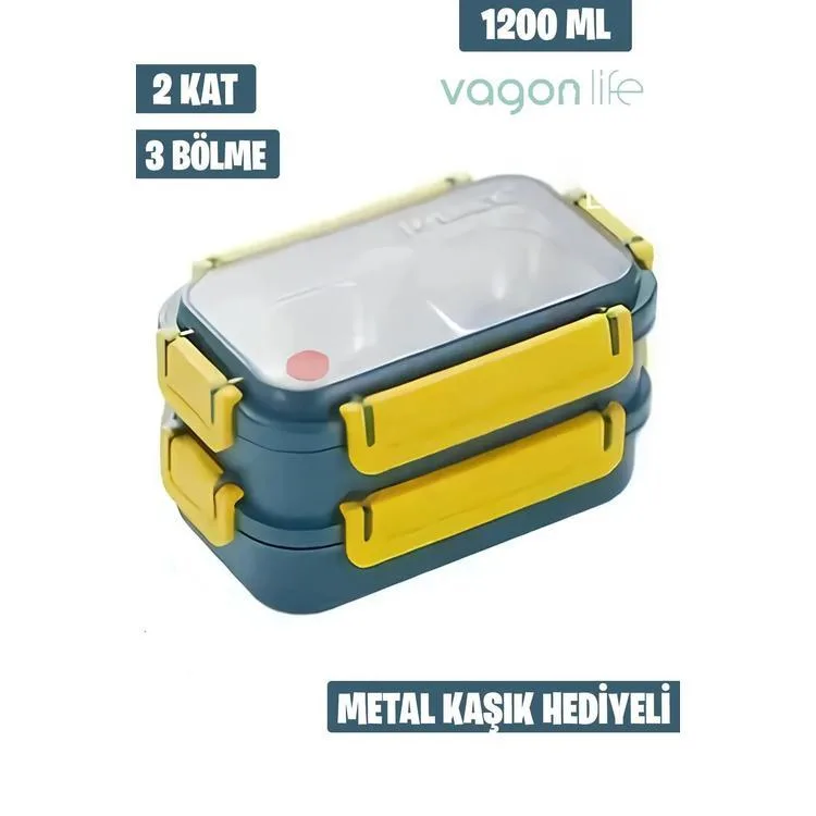 VAGONLİFE ÇELİK YEMEK KABI 2 KATLI BÖLMELİ 1200 ML - LUNCH BOX BL2215 LACİVERT
