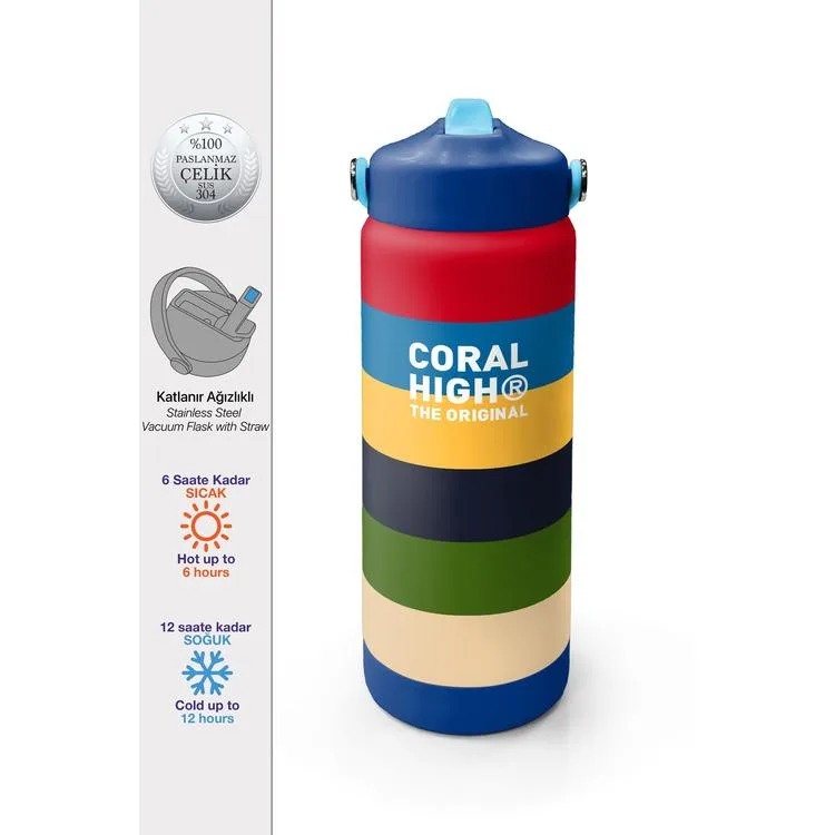 CORAL HIGH 38312 KIDS ÇOK RENKLİ ÇİZGİ DESENLİ KATLANIR AĞIZLI PİPETLİ ÇELİK TERMOS 650ML