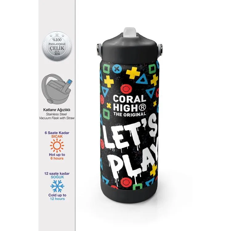 CORAL HIGH 38314 KIDS SİYAH LET'S PLAY DESENLİ KATLANIR AĞIZLI PİPETLİ ÇELİK TERMOS 650ML