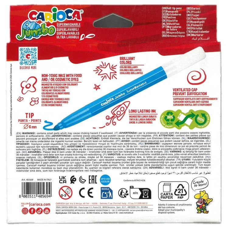CARIOCA 40569 JUMBO YIKANABİLİR 6mm KEÇELİ BOYA KALEMİ 12'Lİ
