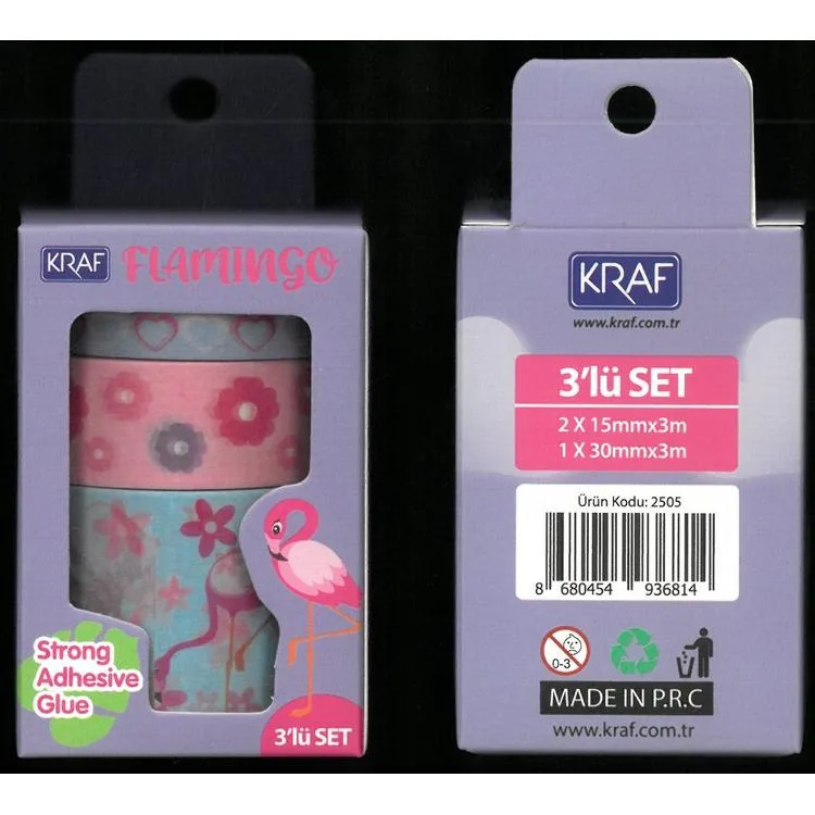KRAF 2505FL WASHI TAPE FLAMINGO 3 LÜ TEK SET KUTULU DESENLİ BANT (15mmx3m 2Ad + 30mmx3m 1 Ad)