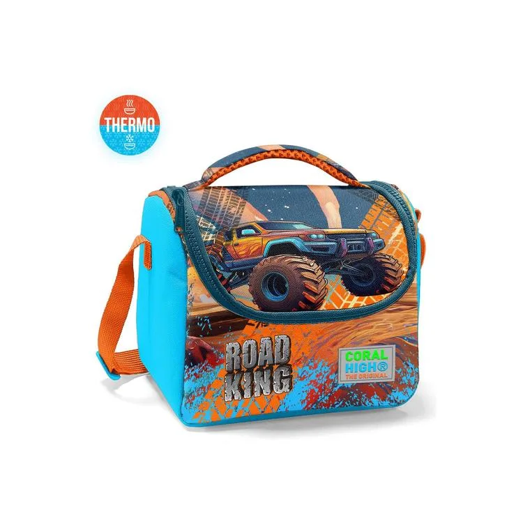 CORAL HIGH 11794 KIDS MAVİ TURUNCU HUGH WHEELS TRUCK DESENLİ THERMO BESLENME ÇANTASI