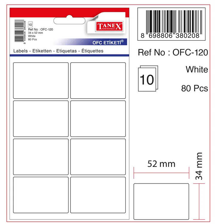 TANEX OFC-120 34x52 BEYAZ OFİS ETİKETİ 10'LU