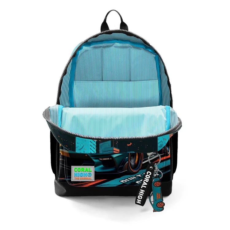 CORAL HIGH 23765 KIDS SİYAH NEFTİ YARIŞ ARABASI DESENLİ DÖRT BÖLMELİ SIRT ÇANTASI