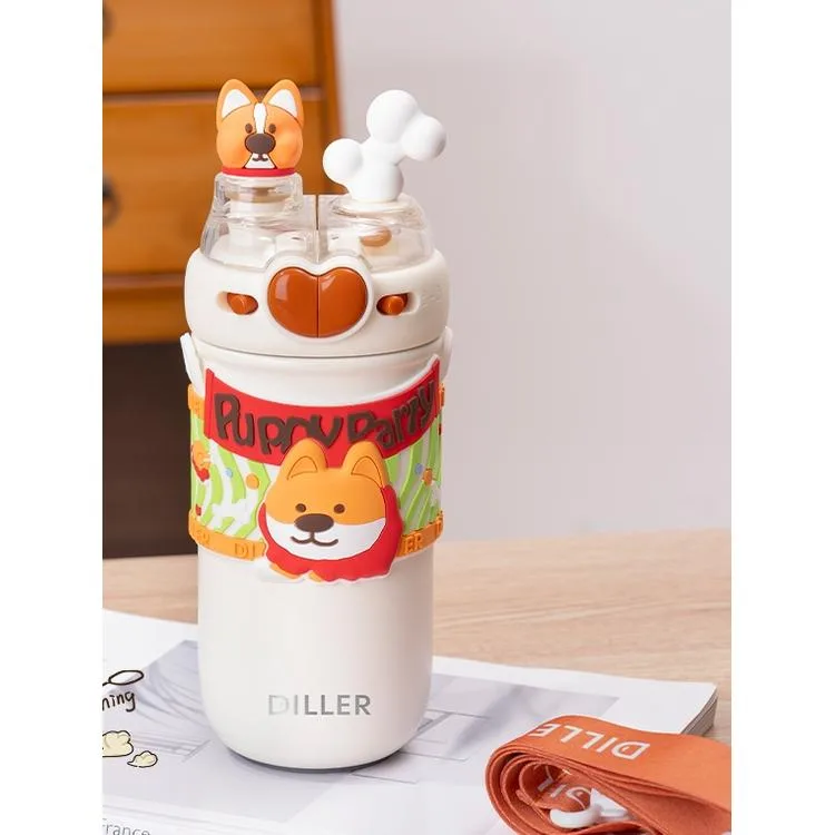 VAGONLİFE DILLER PASLANMAZ ÇELİK PİPETLİ/PİPETSİZ KULLANIM ÇİFT KAPAKLI MATARA/TERMOS D9239 520ML SEVİMLİ KÖPEK