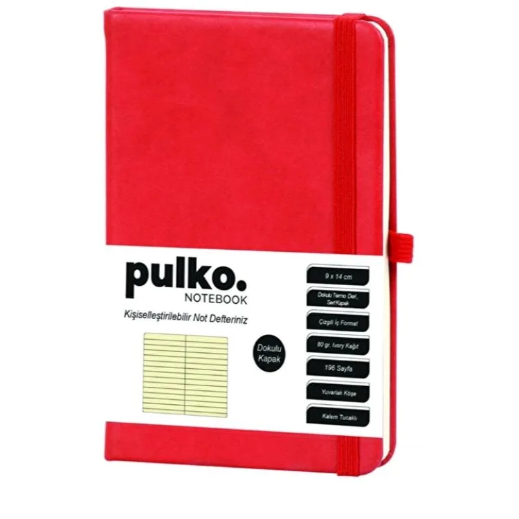 PULKO PND040 SERT KAPAK 9x14cm 80gr.176 SAYFA TERMO DERİ ÇİZGİLİ NOT DEFTER - KIRMIZI