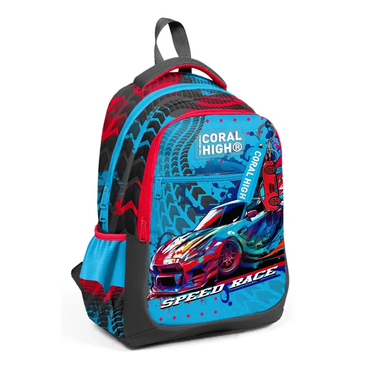 CORAL HIGH 23652 KIDS GRİ MAVİ YARIŞ ARABASI DESENLİ ÜÇ BÖLMELİ OKUL SIRT ÇANTASI