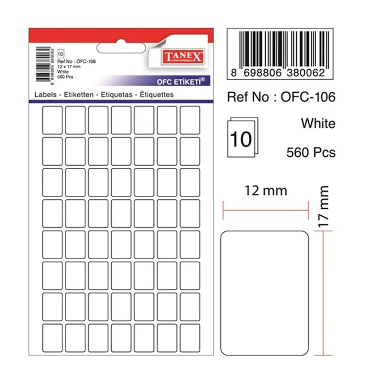 TANEX OFC-106 12x17mm BEYAZ OFİS ETİKETİ 10'LU
